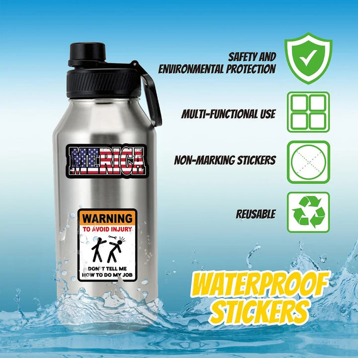 Arrangement of American themed waterproof vinyl stickers, great for laptops, water bottles, and gifts.
