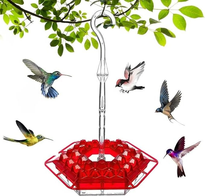 Close-up of an ant-proof hummingbird feeder showing the integrated ant moat and feeding ports.