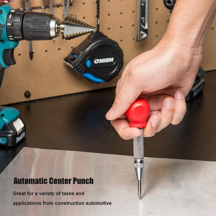 Automatic center punch tool, spring-loaded for metal, wood, plastic, no hammer needed