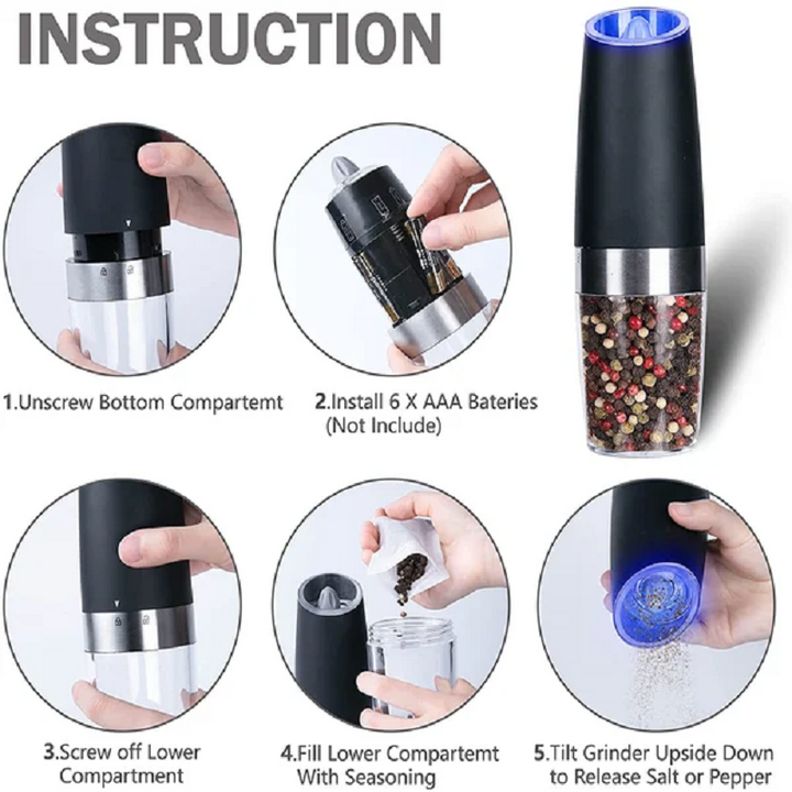 Electric pepper grinder with LED light, battery-operated, one-hand automatic gravity operation for kitchen use