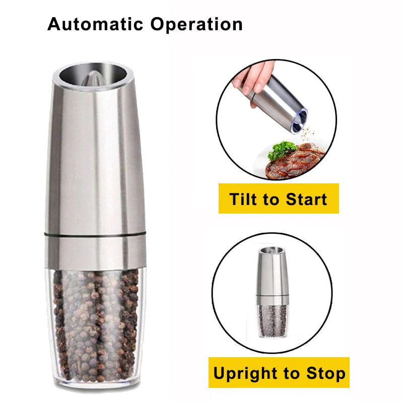 Electric salt and pepper grinder set, black accents, sleek and modern for any kitchen countertop