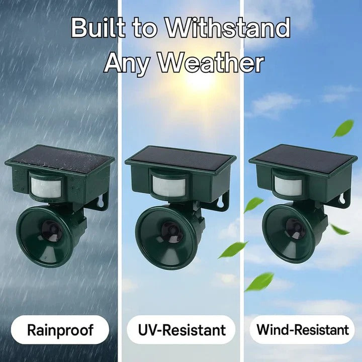 Outdoor motion sensor bird repellent for gardens and farms. Automated pest control for yard protection.