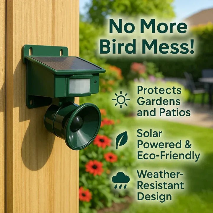 Automatic bird repellent device with motion sensor. Essential for garden, yard, and farm protection against pests.