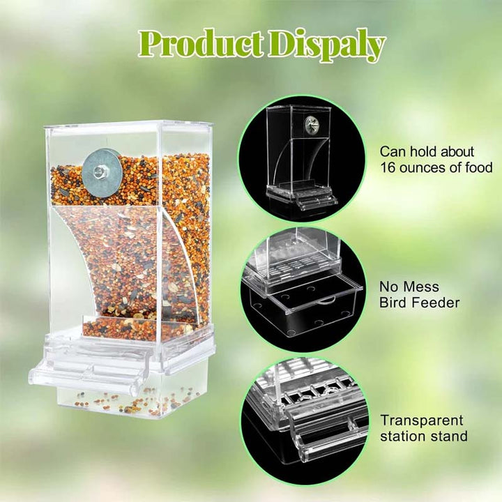 Close-up of the automatic mechanism of a transparent no-spill bird feeder, pet supply