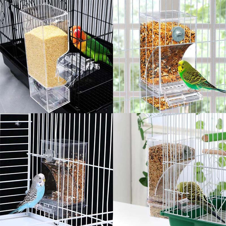 Automatic no-spill bird feeder filled with seeds, transparent view of food levels, bird accessory