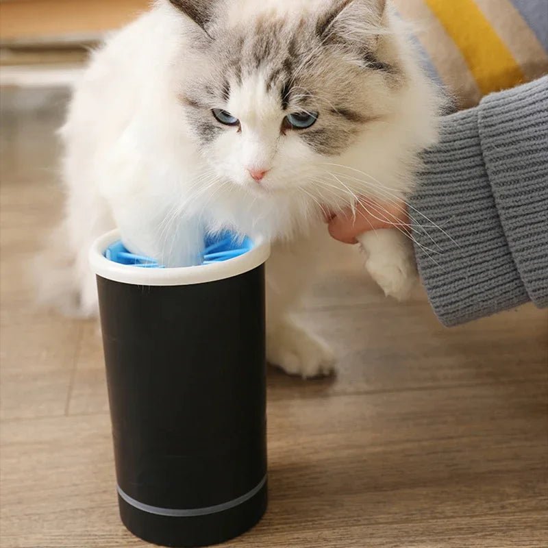 Gentle silicone bristled automatic paw cleaner cup for cats & small dogs. Ideal for pet grooming.