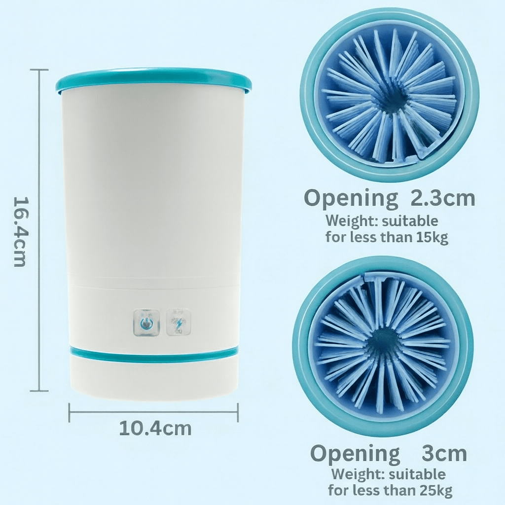 Rechargeable automatic pet grooming paw cleaner cup. Gentle on dogs & cats, great for removing mud.