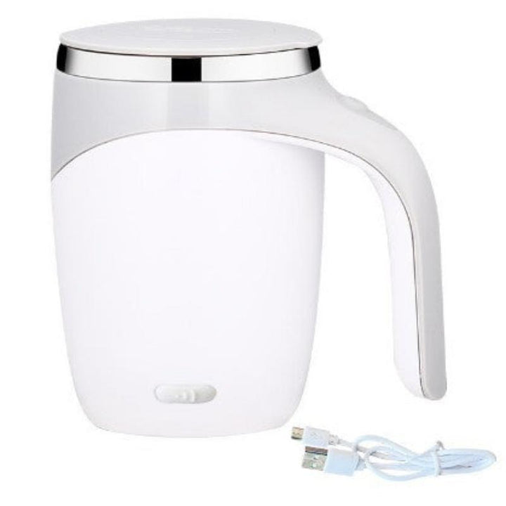 Automatic coffee mug with stirring function, shown mixing a creamy hot chocolate.