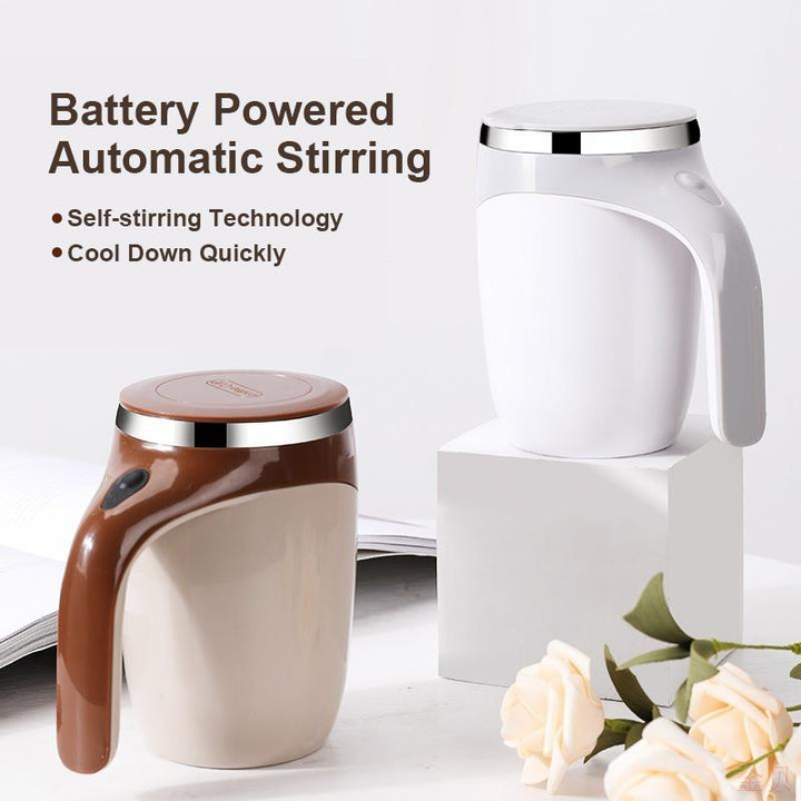 Portable self-mixing coffee cup showcasing its automated stirring mechanism and secure lid.
