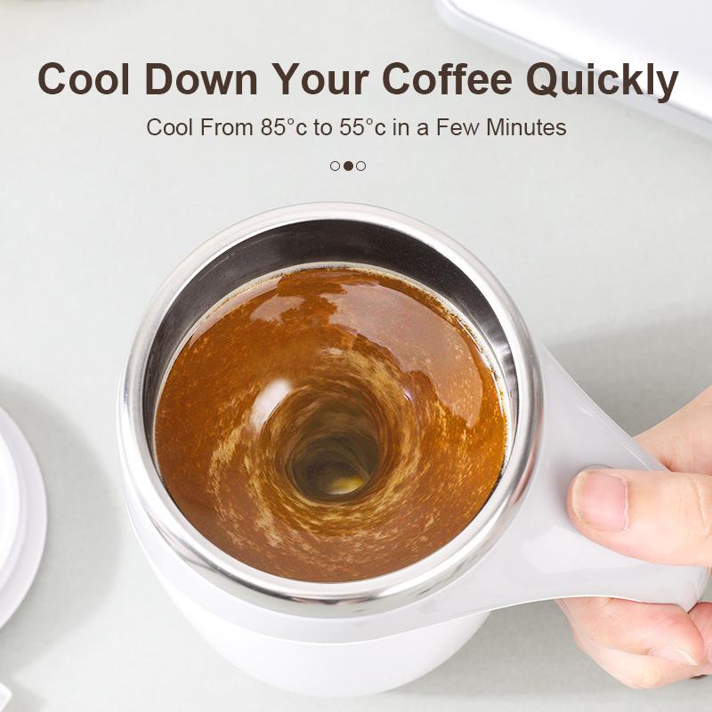 Automatic self-stirring coffee mug with a spill-proof lid, ideal for on-the-go drinks.