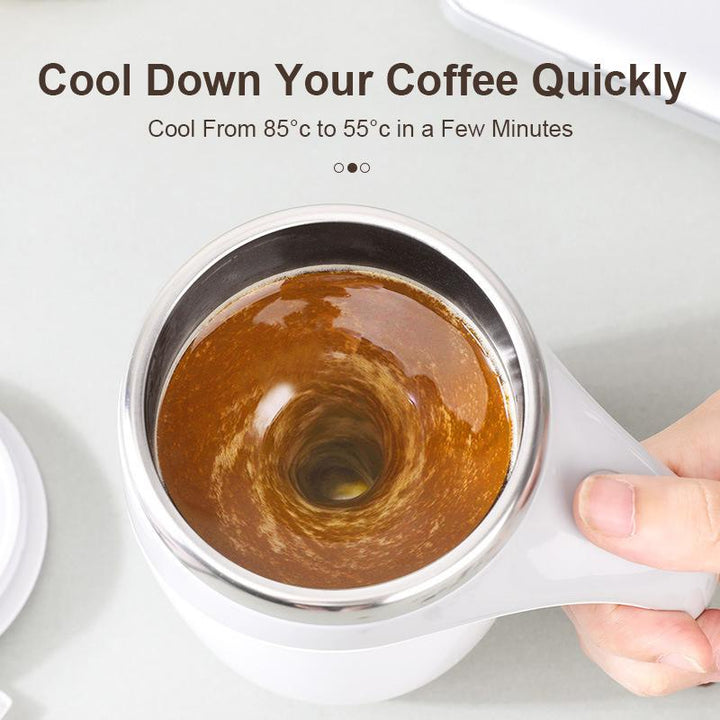Automatic self-stirring coffee mug with a spill-proof lid, ideal for on-the-go drinks.