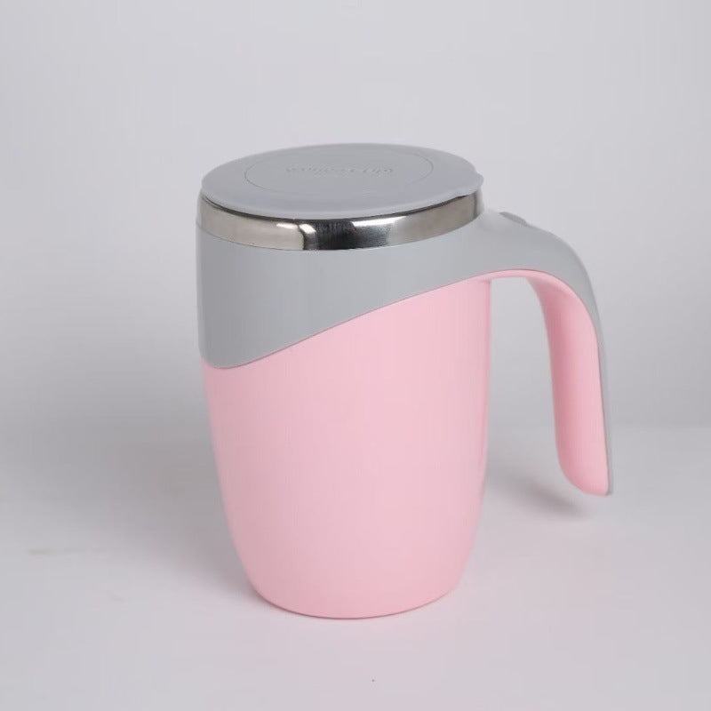 Self-stirring mug with sleek design, automatic mixer for coffee, tea, or protein shakes.