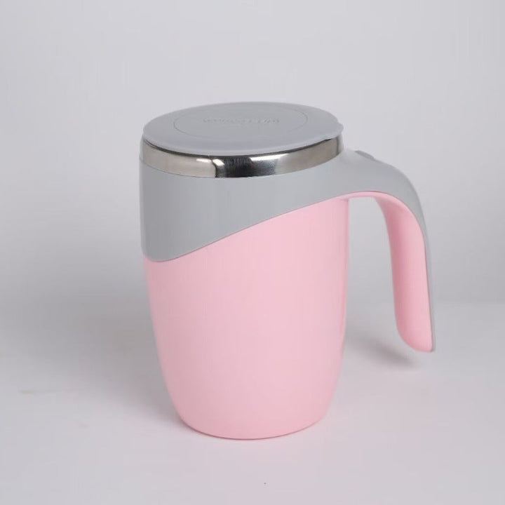 Self-stirring mug with sleek design, automatic mixer for coffee, tea, or protein shakes.