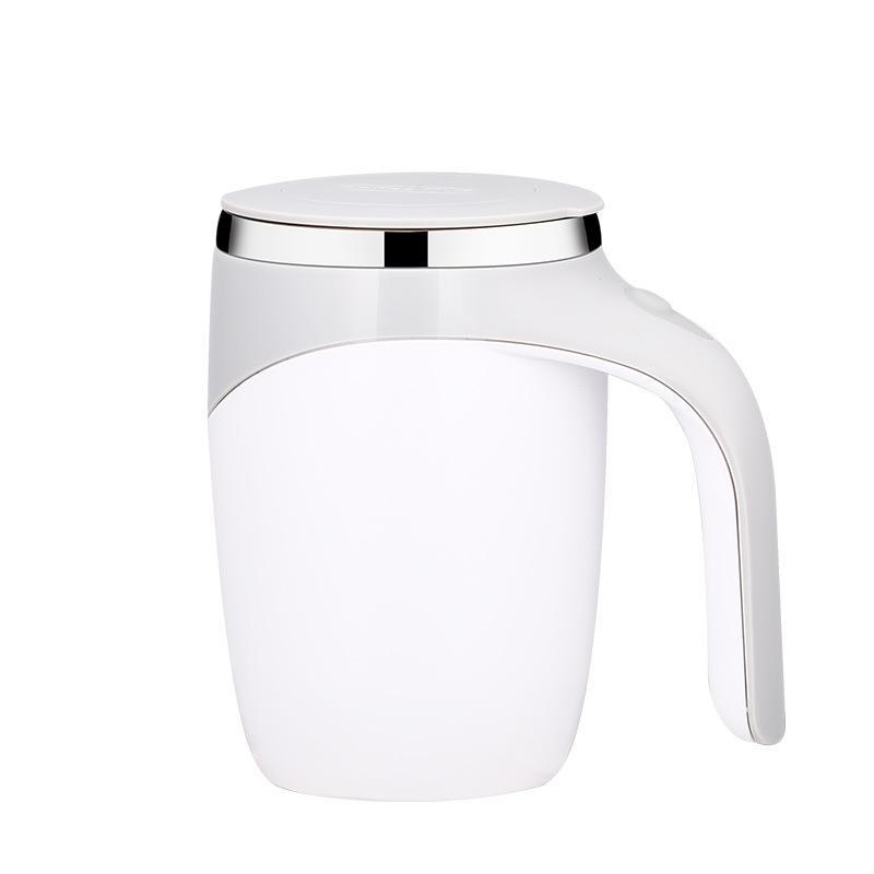 Automated coffee mug with an ergonomic handle and secure lid, self-stirring feature highlighted.