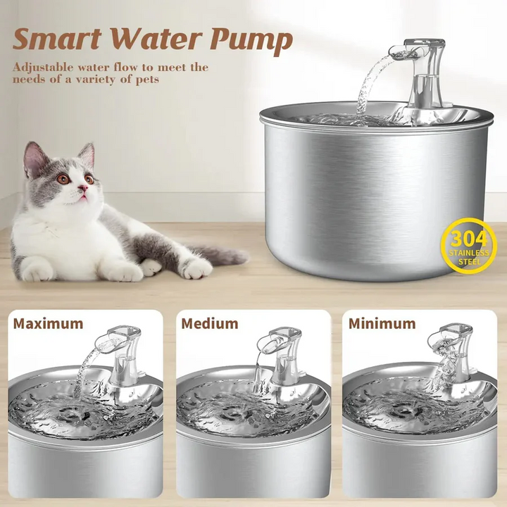 Stainless steel cat water fountain, automatic & filtered, ensuring clean, fresh water for cats & small dogs.