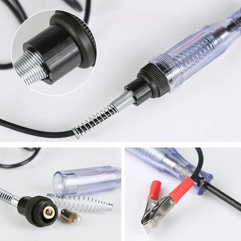 Mechanic using an automotive electrical circuit tester on a car engine for voltage test