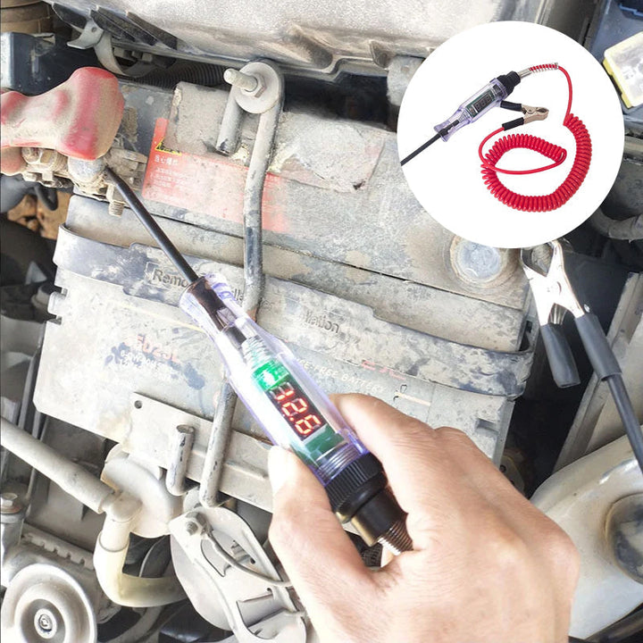 Automotive electrical circuit tester connected to a car battery for a low voltage check