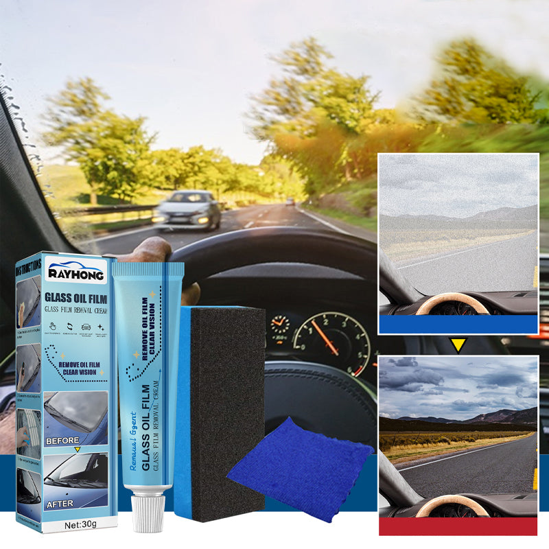 Automotive Glass Oil Film Cleaner designed for clear windshields, promoting safer driving conditions
