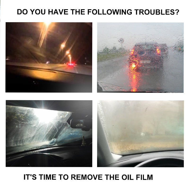 Car Glass Oil Film Remover for clear visibility on windshields and windows, part of car cleaning kit