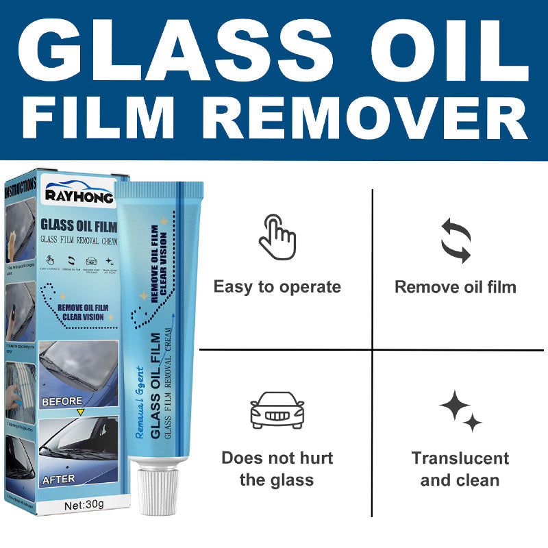 Auto Glass Cleaner eliminating oil film and water spots, essential for automotive windshield care and detailing