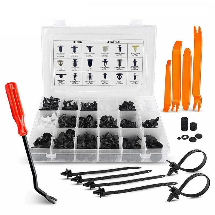 Top-down view of the entire rivet kit and trim tool set for car enthusiasts