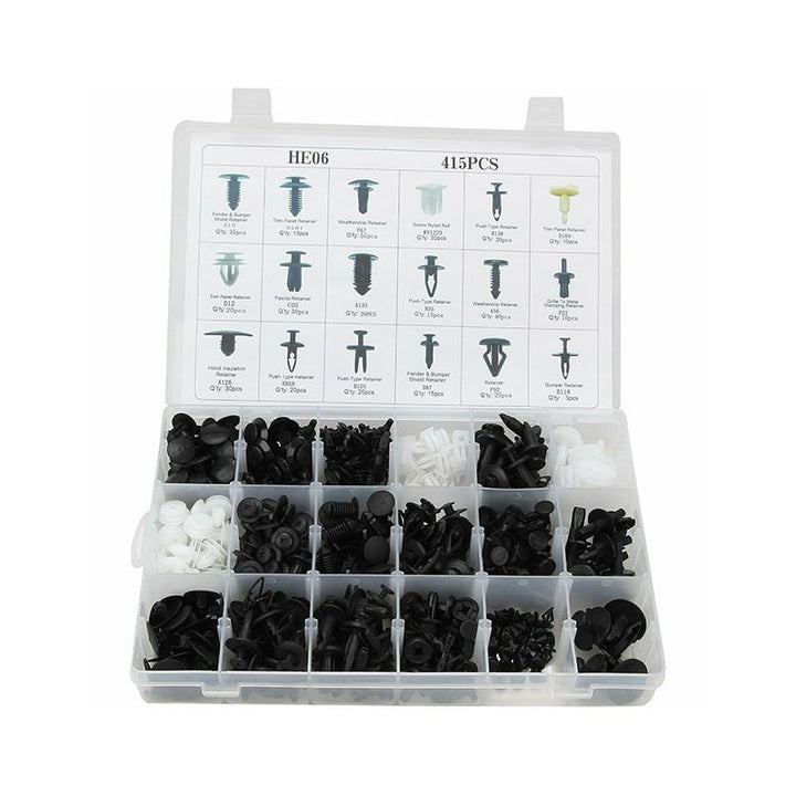 Various automotive clips and fasteners, showcasing the versatility of the rivet kit