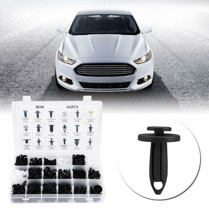 Close-up of various car fasteners and auto clips included in the rivet kit