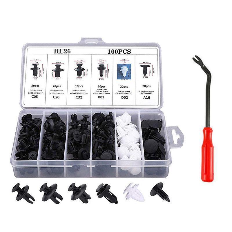 Assortment of auto clips and car fasteners organized in a storage case