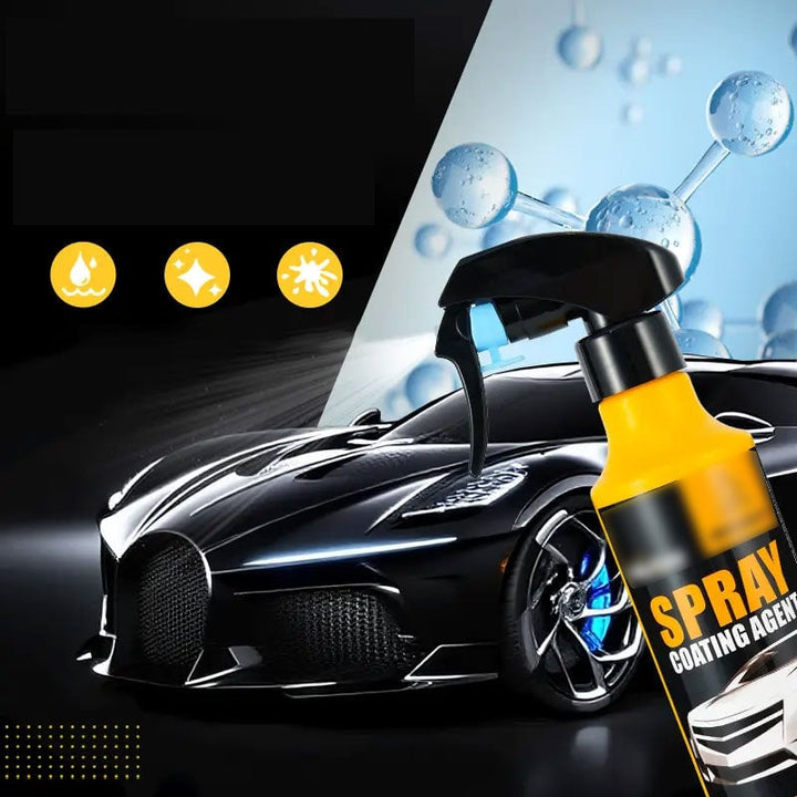 Hand applying Automotive Shine & Protection Spray on a dark car, enhancing paint protection & shine