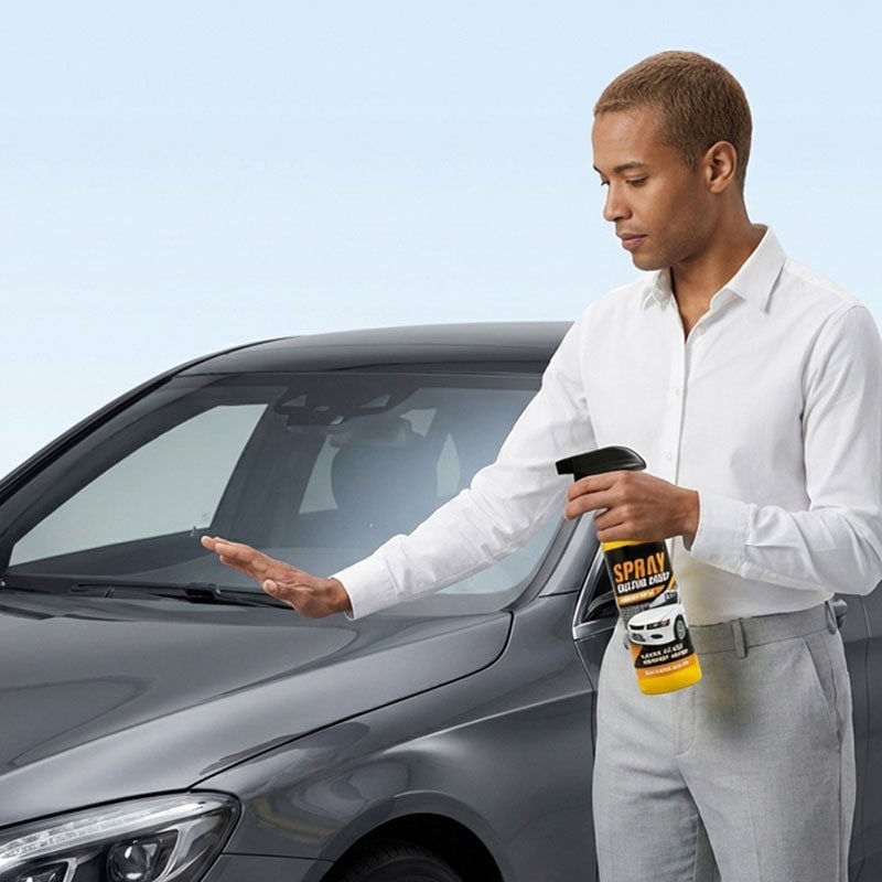 Automotive Shine & Protection Spray next to a luxury car, emphasizing premium vehicle shine & protection