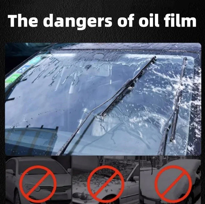 Automotive windshield cleaner designed for powerful oil film removal and crystal-clear results.