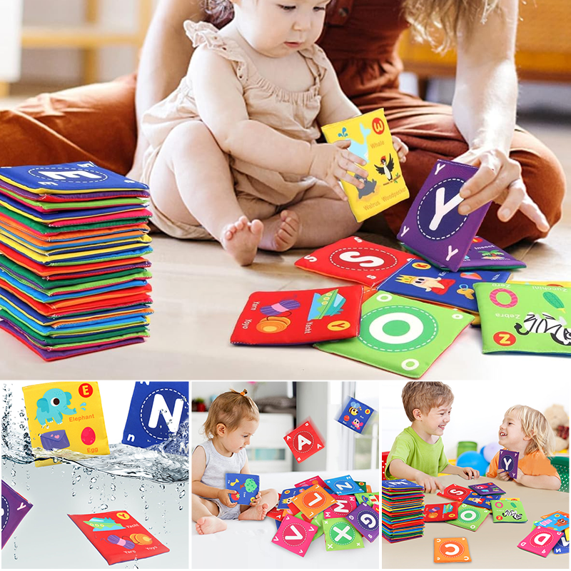 Close-up of a soft cloth book showcasing a cute animal character, baby's first book