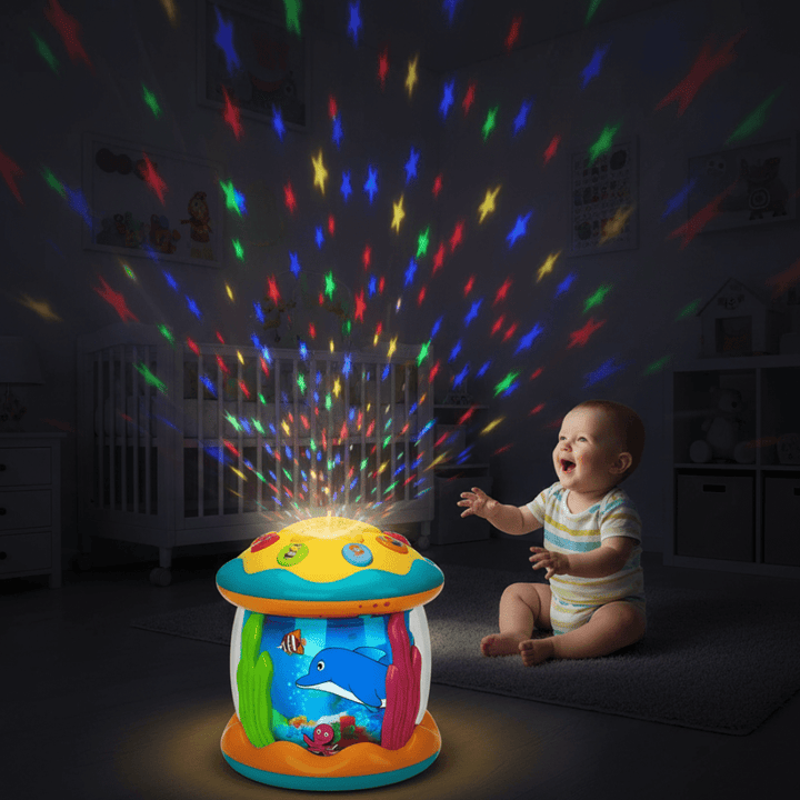 Baby sensory drum toy with interactive lights, music, & textures for infant development. A stimulating musical baby toy.