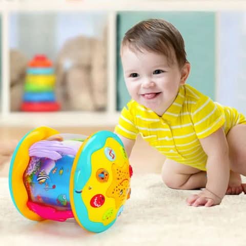 Colorful baby sensory drum with interactive lights & cheerful music, stimulating touch & sound for toddler development.