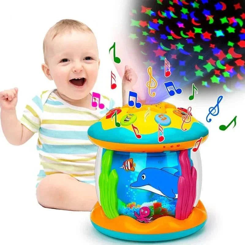 Educational baby drum toy with bright lights & various musical sounds, promoting infant sensory development & early learning.