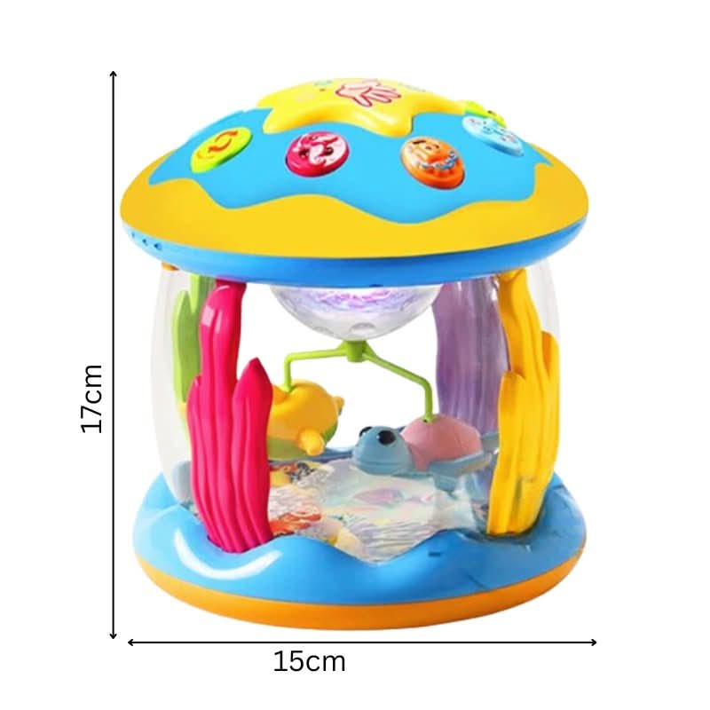 Perfect newborn gift: non-toxic baby sensory drum featuring flashing lights, engaging melodies, & textured surfaces.