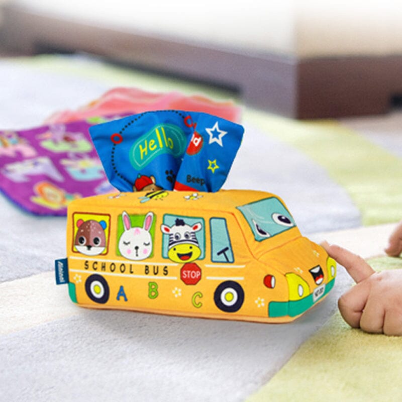 Baby Sensory Magic Tissue Box with patterned scarves, ideal for developmental play and motor skills.