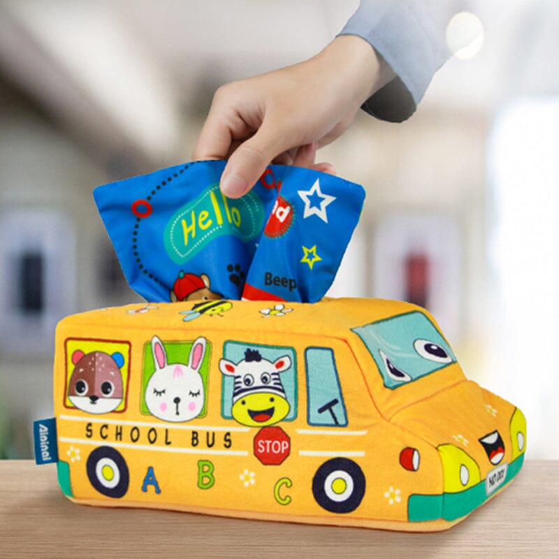 Gift for baby: Montessori Magic Tissue Box Toy, soft plush box with pull-out crinkle tissues.