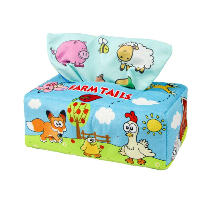 Baby activity set: Magic Tissue Box with colorful scarves, promoting hand-eye coordination & discovery.