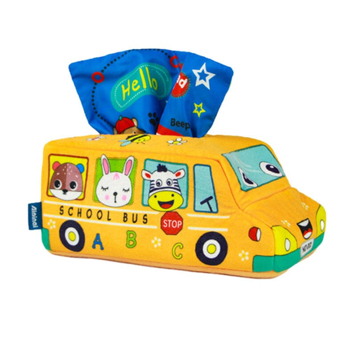 Infant sensory toy: Crinkle Magic Tissue Box, soft and safe for baby's playful exploration.