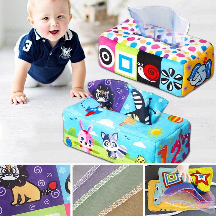 Montessori Magic Tissue Box Toy set, crinkle tissues, developmental baby activity for early learning.