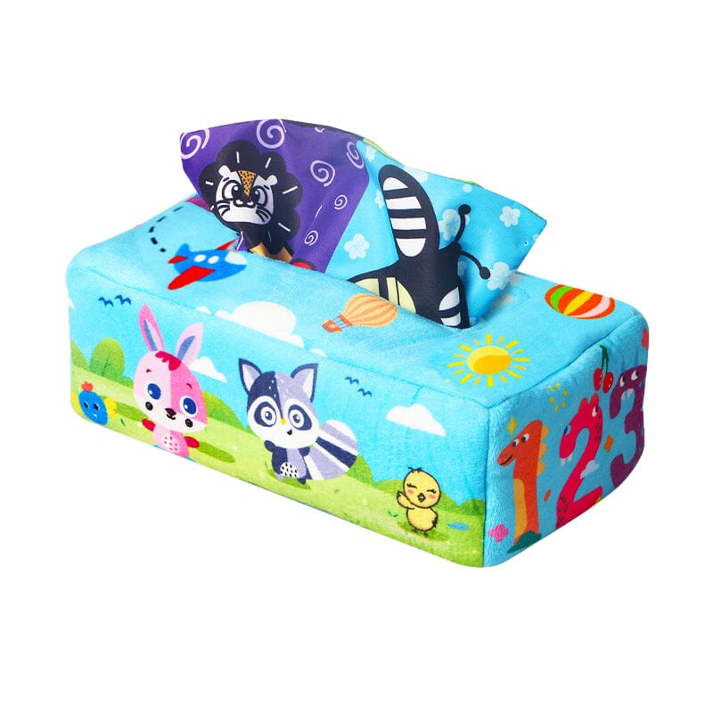 Soft fabric Baby Sensory Magic Tissue Box Toy, encouraging touch and sound exploration for babies.