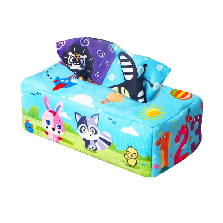 Soft fabric Baby Sensory Magic Tissue Box Toy, encouraging touch and sound exploration for babies.