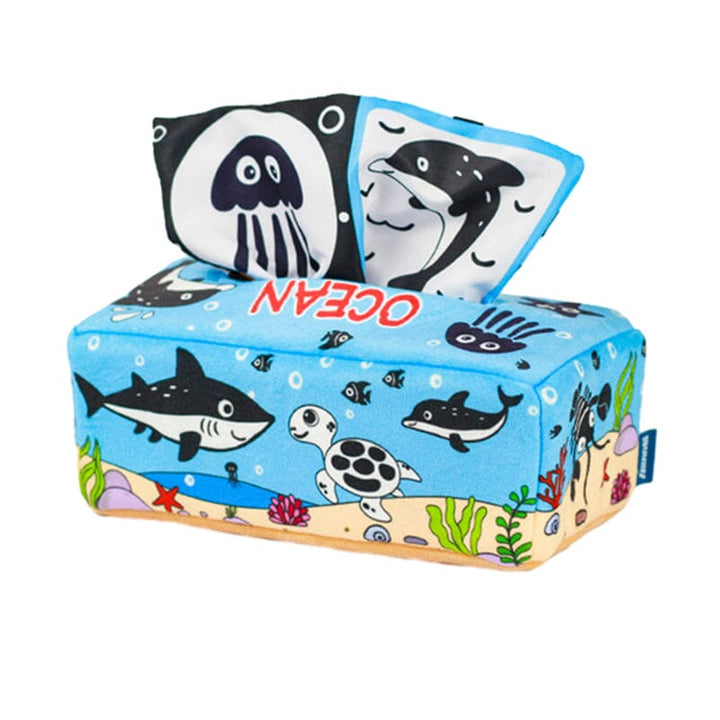 Baby Magic Tissue Box Toy, a Montessori sensory experience with crinkly and smooth tissues.