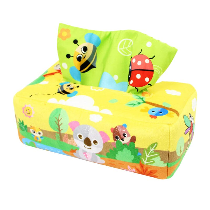 Early learning baby toy: Montessori Magic Tissue Box, featuring various colors & textures for sensory play.