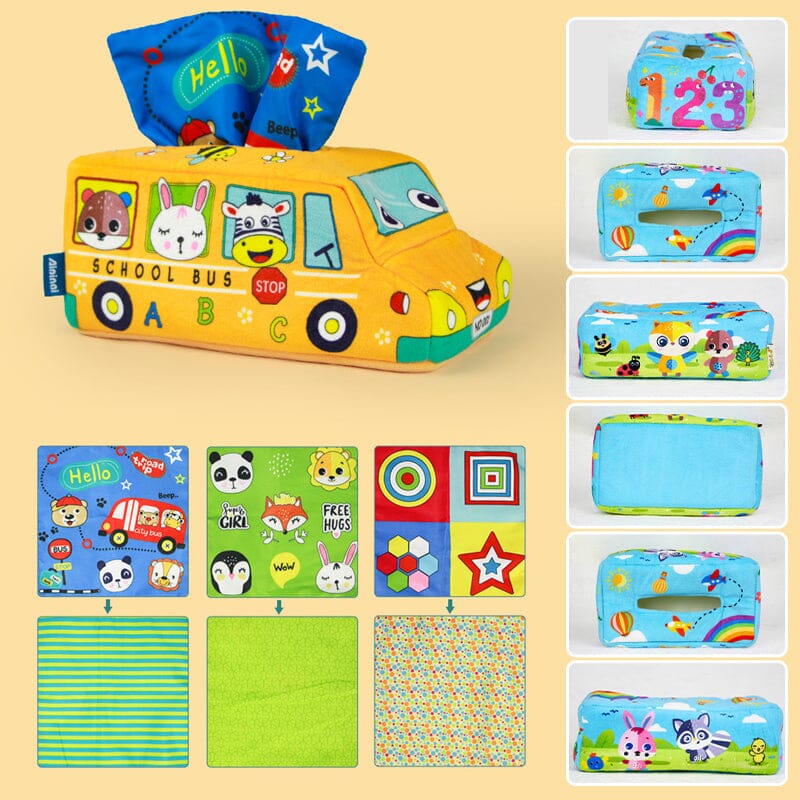Developmental baby toy: Magic Tissue Box with silky scarves & crinkly sounds, perfect infant gift.