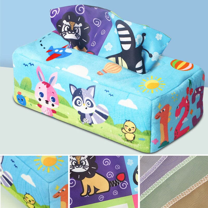 Soft fabric Magic Tissue Box Toy for babies, Montessori-inspired sensory play for infants.