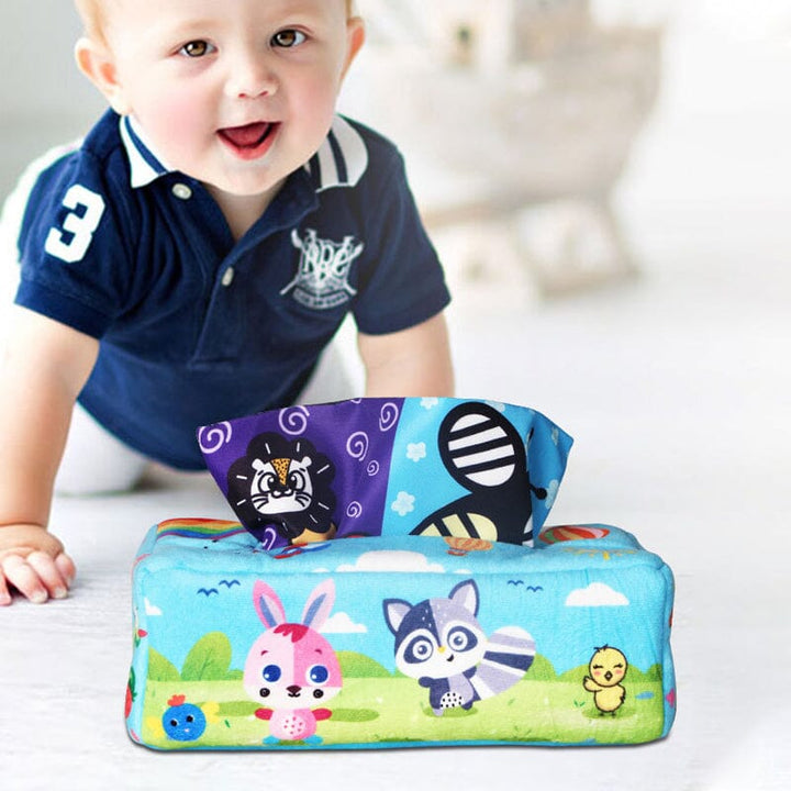 Infant activity: Montessori Magic Tissue Box with various textured tissues, early learning toy.