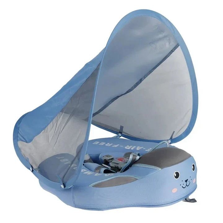Toddler swim ring with UPF sunshade canopy & secure seat for kids' safe pool fun.