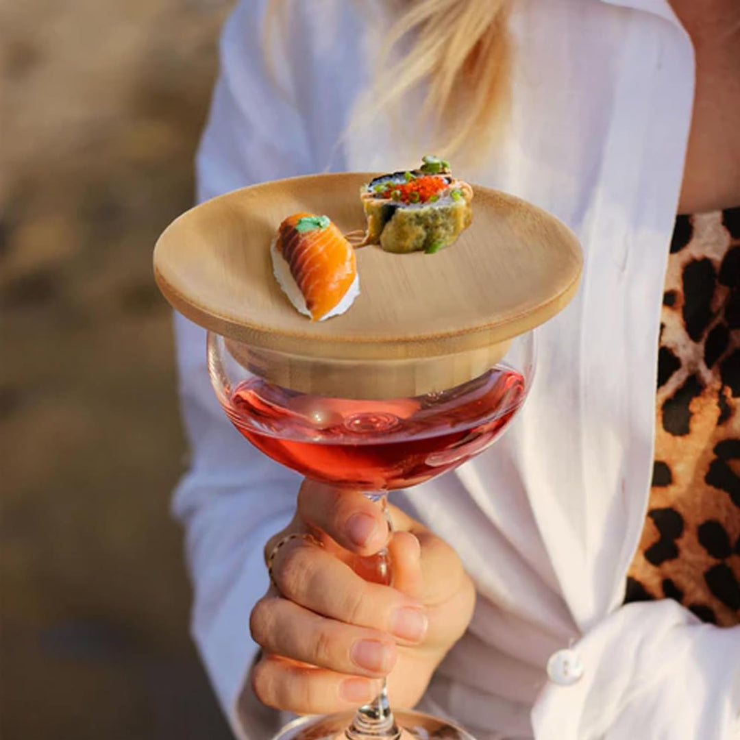 Bamboo wine glass topper for charcuterie, ideal for entertaining and wine tasting gatherings